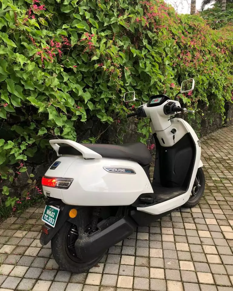 TVS iQube white color electric scooter right side back view