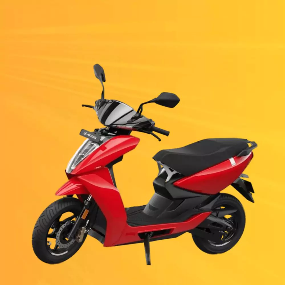 Ather 450X GEN 3 Red Color in Yellow background