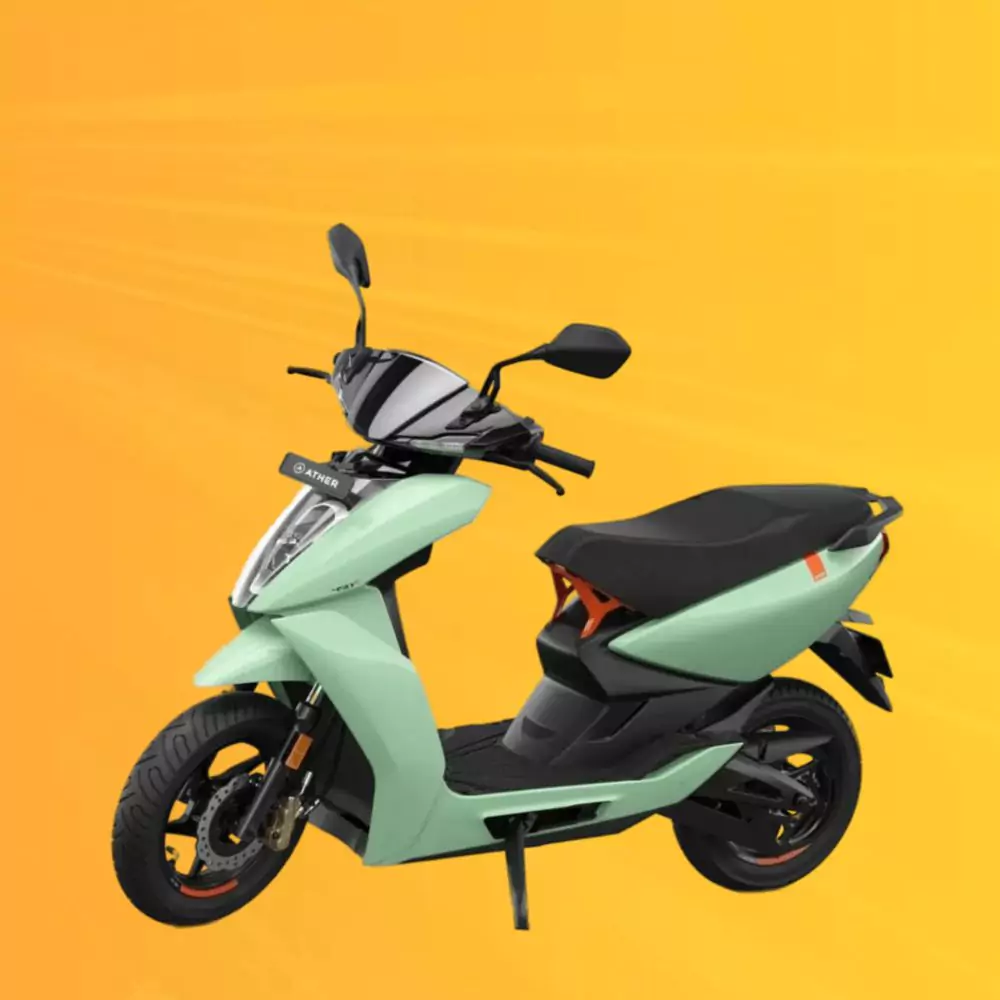 Ather 450X GEN 3 Light Green Color in Yellow background